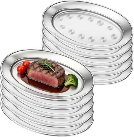 LQOZYYUL 10 Pack Stainless Steel Serving Platter – 26 x 17 x 2cm | Metal Oval Serving Dishes, Silver Serving Tray Dinner Fish Plate Food Tray for Catering Buffet Party Restaurant