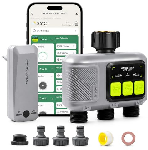 Johgee 3-vägs wifi-bevattningstimerare, med RF 433-teknik, automatisk bevattningstimer med regntid, 2 bevattningslägen, Smart APP-fjärrkontroll för trädgård, gräsmatta