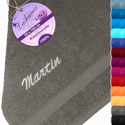 Lashuma Besticktes Handtuch Grau - Dunkel, Linz Händehandtücher personalisiert mit Name 50x100 cm