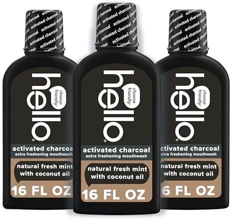 Hello Activated Charcoal Extra Freshening Mouthwash, Natural Fresh Mint and Coconut Oil, Fluoride Free, Alcohol Free, Vegan, SLS Free and Gluten Free, 16 Fl Oz (Pack of 3)