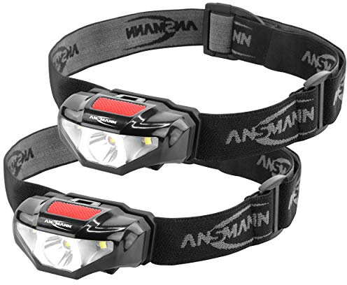 ANSMANN LED-pannlampa, HD70B, set om 2 med 65 lumen, IP44 stänkskydd, 80 m räckvidd, 3 funktioner – 3 W pannlampa perfekt för cykling, löpning med hund, jogging, fiske, camping och verkstad