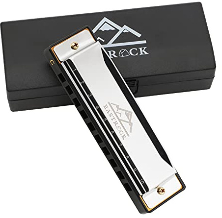 EastRock Harmonika, 10 Löcher, 20 Melodien, Blues-Mundharmonika, Tonart C, Mundharmonika für Anfänger, Erwachsene, Kinder, als Geschenk, inkl. Etui und Reinigungstuch, Schwarz