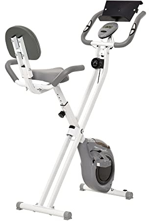 HOMCOM Vélo d'appartement magnetique pliable vélo de fitness vélo d'intérieurgrand confort dossier selle réglable poignées écran LCD multifonction support tablette acier blanc gris