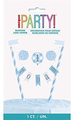 Unique Party 74954 Blue Gingham 1st Birthday Bunting Cake Topper