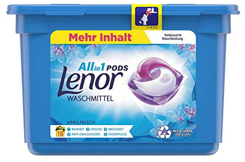 Lenor Waschmittel Pods All-in-1, Lenor Aprilfrisch mit Duft von Frühlingsblumen, 18 Waschladungen