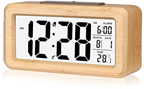 DTKID Wecker,Digital Wecker aus Bambus Mit Großer LCD Display Datum Und Temperatur Anzeige Mit Snooze Und Nachtlicht Funktion, Für Zuhause, Schlafzimmer, Büro, Batteriebetriebener Wecker, Geschenk