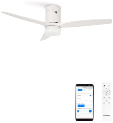 CREATE / WINDCALM M/Deckenventilator ABS mit Beleuchtung Weiß mit WLAN und Fernbedienung/Leise, 40W, Ø132cm, 6 Geschwindigkeiten, Timer von 1 bis 4 Std., DC-Motor, Sommer-Winterbetrieb
