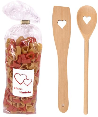 Balna Herznudeln Nudeln in Herzform 250g Geschenkset mit Kochlöffel Herz + Pfannenwender Holz Herzmotiv ideal für Hochzeit Weihnachten Geburtstag