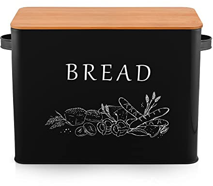 LIANYU Boîte à pain noire avec couvercle en bambou pour comptoir de cuisine, grande boîte de rangement en métal de ferme, poubelle vintage pour comptoir, 33 x 17 x 24 cm