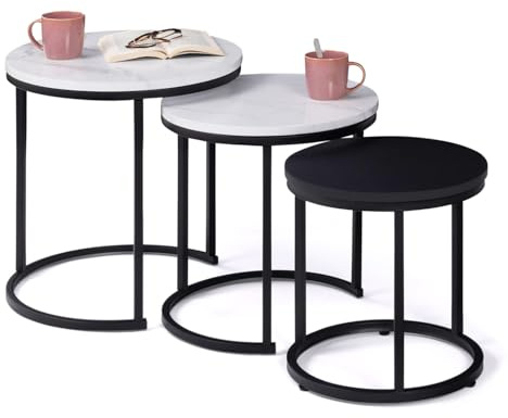 IDMarket - Set aus 3 runden Alaska Couchtischen 35/40/45 mit Marmor- und Schwarzeffekt und Metallbeinen