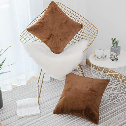 Home Brilliant Faux Fur Cushion Covers Brown, Autumn Cushion Covers 18x18, Warm Sheepskin Decorative Square Cushions for Sofa Bed Living Room, Pack of 2, (45 x 45, Brown)