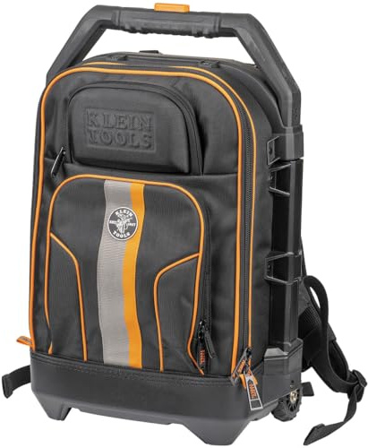 Klein Tools 55604 Sac à dos à outils roulant, sac à outils avec 28 poches, poignée rétractable robuste, grand espace de rangement pour outils, roues de 7,6 cm