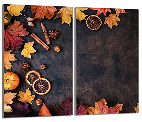 Herdabdeckplatten 2-Teilig 2x30x52 cm Ceranfeldabdeckung Küche Elektroherd Induktion Herdschutz Spritzschutz Glasplatte Schneidebrett aus Gehärtetem Glas, Herbst Laub