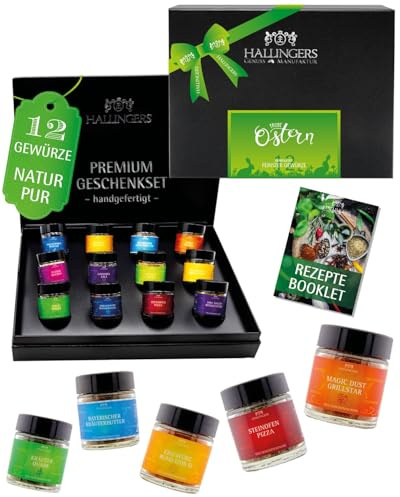 Hallingers Genuss Manufaktur Gewürz Oster-Geschenk-Set - 12 Gewürze aus aller Welt in wertiger Geschenkbox mit Rezept-Booklet Frohe Ostern, Ostern Körbchen für Frauen Männer