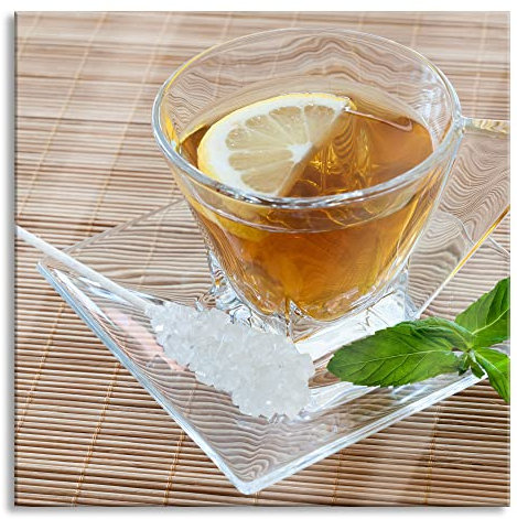 Pixxprint Tableau en verre | Tableau mural sur verre véritable | Tasse de thé à la menthe | 80 x 80 cm | Avec suspension et entretoises