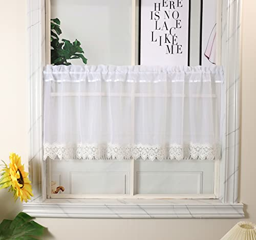 Devola Scheibengardinen Voile Kurzstore Bistrogardine Transparent Weiß mit Spitze Küchengardine Einfarbig Kleines Fenstervorhang Kurzgardine Modern Wohnzimmer BxH 100x90cm 1 Stück