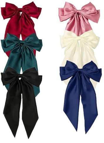 Big Bow Barrettes, BetterJonny 6Pcs Silky Satin Bows Hair Barrettes Clip with Long Silky Bows Hair Clips for Girls Women, Adult Teens Hair Accessories