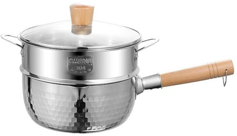 Traditional Japanese Stainless Steel Yukihira Pan,Hammered Nonstick Milk Sauce Pan with Wood Handle & Steamer for Ramen Tempura Milk [Energy Class A] (Size : 18cm)