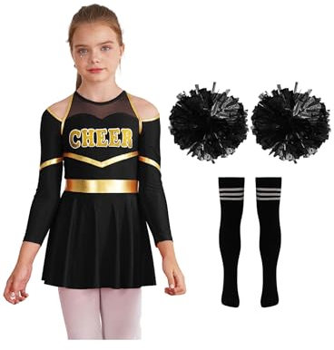 MSemis Cheer-Leader Kostüm Kinder Mädch Cheerleadingkleid mit PompomsSocken für Karneval Party Faschingskostüme Halloween Dress Up Ein Schwarz-Weiß 134-140
