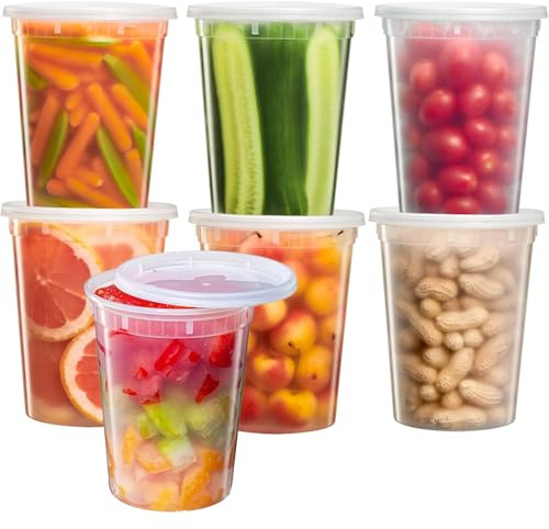 YOYEAH 24 Stück Kunststoffbehälter mit Deckel - 950ml/32oz wiederverwendbare Aufbewahrungsbecher für Lebensmittel, auslaufsichere Deli-Container (24 Sets - 32 oz)