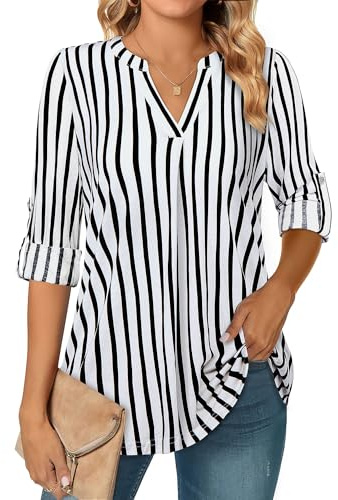 Amrto Longbluse pour femme - Manches 3/4 - Col en V - Tunique élégante - Manches longues - Décontracté - Haut décontracté - Chemisier à manches longues ample - Longchemisier - Tenue professionnelle