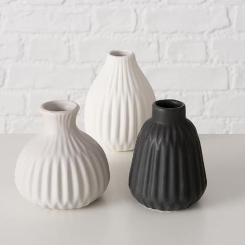 Esko Deko Vase im 3er Set aus Keramik mit Rillen - Blumenvase Tischdekoration Wohndekoration - Schwarz, Weiß & Grau - Höhe: 11 cm