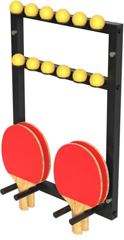 Aufbewahrungshalter für 6 Schläger und 12 Bälle, schwarzer Stahl-Ping-Pong-Schläger-Organizer, wandmontierter Tischtennis-Präsentationsständer, Indoor-Sportausrüstung für Pausenraum/Barraum/Keller i
