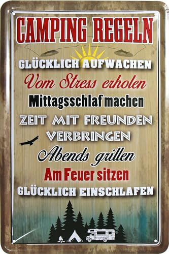 WOGEKA ART Cartel de chapa retro – Reglas de camping – Despertar feliz – Nostalgie Deko Cartel como idea de regalo para los fans de camping para cumpleaños Navidad 20 x 30 cm Cartel de metal 758