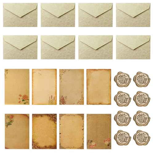 AORVYUI Vintage Briefpapier mit Umschlag,dekoriertes Briefpapier Vintage Kraft Umschlag, 8 Vintage Papier Umschläge,16 Vintage Briefpapier und 10 selbstklebende Wachsplomben,zum Schreiben und Zeichnen