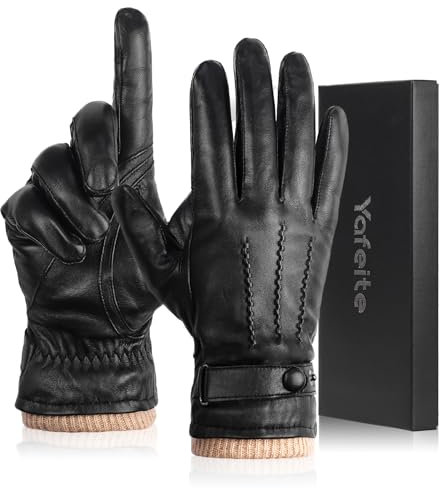 yafeite Winter Genuine Sheepskin Leather Gloves for Men, Warm Cashmere Lined Black Leather Gloves, Touchscreen Motorcycle Glove (Brown, X-Large)