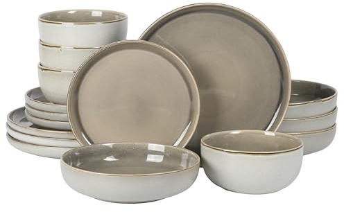 Gibson Elite Sunveil 16 Piece (Service for 4) Plates and Bowls Reactive Glaze Round Dishes Stoneware Ceramic Dinnerware Set - Light Taupe