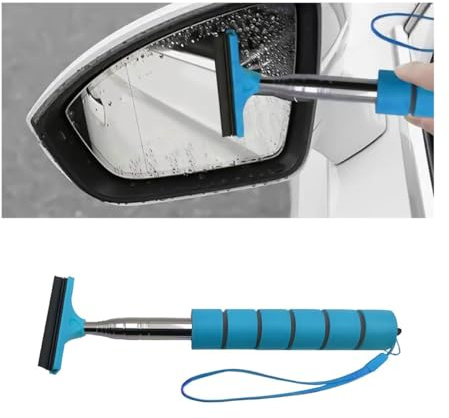 Car Rearview Mirror Wiper, Retractable Auto Glass Squeegee, Water Cleaner with Telescopic Long Rod, Portable Cleaning Tool for All Vehicles, Universal Automotive Accessories (Blue/Handable)