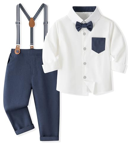 Volunboy Bimbo Neonato Completini e Coordinati Gentiluomo, Camicia Fiocco e Bretelle Pantaloni 4 Pezzi(4-5 anni,Taglia 120,Blu Scuro)
