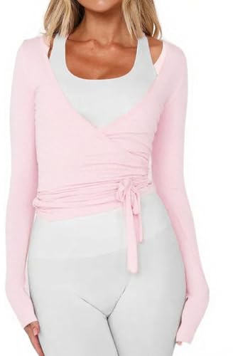 Womens Ballet Wrap Top Long Sleeve Tie Front Workout Cover Up Pilates Yoga Tops Y2k Fairy Coquette Shirt Going Out (Pink Slim Fit, S)