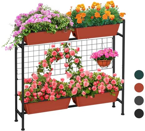 ETELI Raised Garden Beds Outdoor Elevated Planter Boxes with Trellis Herb Garden Planter Outdoor Raised Flower Boxes with Legs for Vegetable Patio Balcony Porch, Brick Red