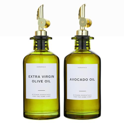 Verspace - Green Glass Olive Oil Dispenser Bottles For Kitchen,Avocado Oil Dispenser Set, Modern Decor, Gold Kitchen Accessories for Home, Airbnb, Cafe (Gold, Set of 2)
