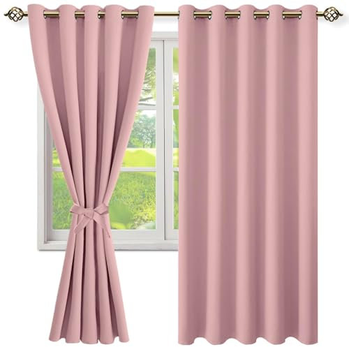 NINGBAI Verdunklungsvorhänge Schlaufen 220 x 100 cm Einfarbige/Winter Extra Warm/Modern Wohnzimmer Lärmschutz Thermogardine für Jedes Fenster, Rosa