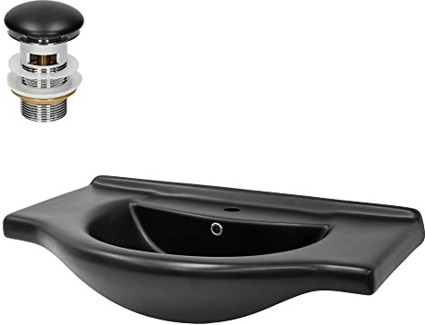 LuxeBath Waschbecken Keramik Schwarz matt 87x50,5x22,5 cm Oval mit Ablaufgarnitur, Einbauwaschbecken mit Hahnloch/Überlauf, Aufsatzwaschbecken Einbauwaschtisch Waschschale Waschplatz Handwaschbecken