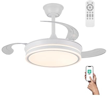 wonderlamp - Ventilador de techo Smart con APP y mando a Distancia, Ventilador de techo con aspas retráctil, Miso Mini Evo Blanco 46W, Memoria de encendido, 3 CCT, Intensidad Regulable, Silencioso
