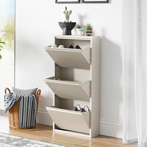 [en.casa] Skoskåp Sokndal skoförvaring med 3 flikar metall skobyrå för 6 par skor 104 x 50 x 15 cm peppar vit