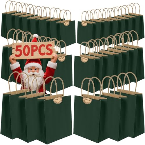 50 st kraftpapperspåsar med handtag – presentpåsar i blandade storlekar för affärer, shopping, detaljhandel, fest, tjänst, varor, säckar restauranghämtning – 130 g tjockare kraftpåsar (mörkgrön)