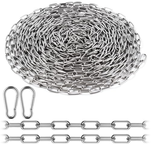 Edelstahlkette Meterware,10m Metallkette mit 2 Karabiner Stahlkette, Kette Edelstahl,1,5 mm Kette Zum Aufhängen für Hundekette Ankerkette Wäschekette Schwenkkette