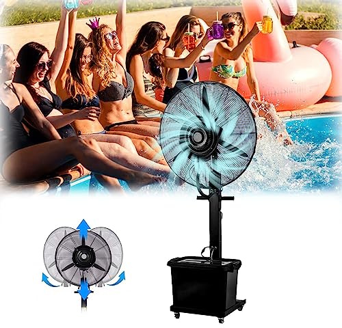 Industrial Pedestal Fan with Nebulizer and 90° Oscillation for Outdoor Cooling, Features 11 Gallon Water Tank and Moving Wheels for Easy Mobility