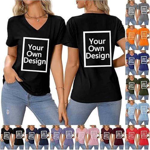 Tee Shirt Personnalisable pour Femmes, concevez Votre Propre Chemise Ajouter du Texte/Image/Logo Personnalisé Photo Imprimée Avant/Arrière, Cadeau Femme Anniversaire, Noir L