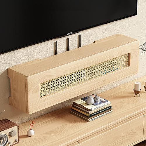 Nordivo Estante para Router de Ratán, Caja WiFi de Madera de Pared, Estante de Pared para Ocultar Regleta y Router, Armario para Router de Oficina y Hogar(Brown,L60cm/23.6in)