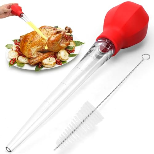 SCHVUBENR Large Turkey Baster with Cleaning Brush - Premium Baster Tool for Cooking - Easy to Use & Clean - Powerful Bulb Baster Syringe - Dishwasher Safe - Flavor Meat Poultry, Beef, Chicken - Red