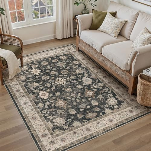 PureCozy Teppich Wohnzimmer 120x170cm Waschbarer Teppiche,Schwarz | Blumenmuster,Waschbar, Rutschfest, Kurzflor, Weich, Schlafzimmer, Esszimmer, Büro, Flur, Kinderzimmer