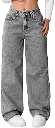 shownicer Jeans Femme Casual Taille Haute Wide Leg Straight Baggy Jean Elastique Boyfriend Denim Pantalon A Gris Clair S