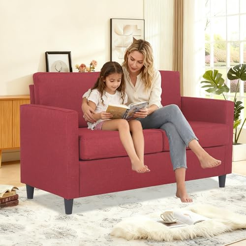 Mingone 2 Sitzer Sofa Kleine Modernes Polstersofa Einfaches Leinen Sofa mit 2 Kissen Sofa für Wohnzimmer Schlafzimmer Büro Flur, Rot