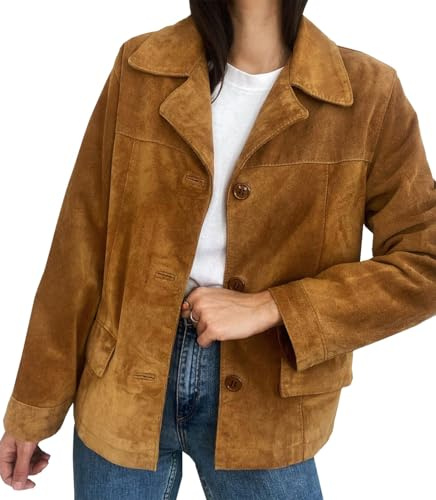 Kvinnor vintage 90-talet brun mocka läder kavaj: Västerländsk cowgirlstil, Brun – mocka läder, 3XL